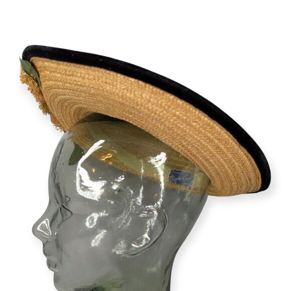 Vintage MGM Elizabeth Taylor Original Child Straw & Floral Hat Black Velvet Trim - Picture 2 of 13